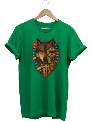 Tagon Göktürk Alfabeli ve Türk Devletleri Bayrakları Baskılı %100 Pamuk Regular Fit Yeşil Bozkurt T-Shirt