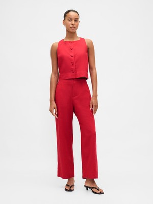 Gap Kadın Kırmızı Keten Karışımlı Relaxed Straight Ankle Pantolon