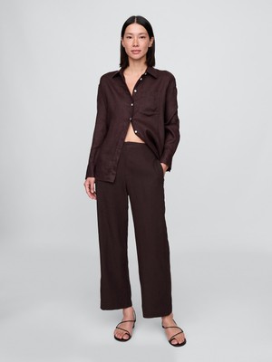 Gap Kadın Kahverengi Keten Karışımlı Relaxed Straight Ankle Pantolon