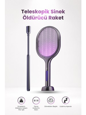 Seyutech Teleskopik Sinek Öldürücü Raket Şarjlı Mor Işıklı Dönebilen Başlıklı Uzatma Aparatlı Sinek Yakalama Lambası