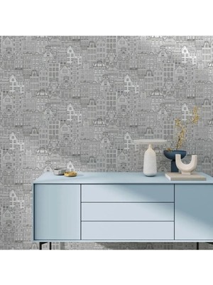 Şehir Desenli Düz Sade Duvar Kağıdı 16,5 M², Silinebilir  - Roka 23115-1