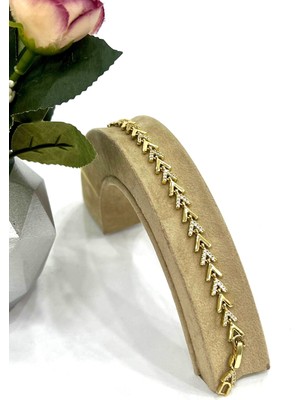 Xuping V Motifli Zirkon Taşlı Çelik Bileklik (14K Gold/17+2cm)
