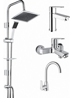 Kale Mare Banyo Lavabo Mutfak Batarya Takımı + Tema 53260 Rain Quadro Paslanmaz Tepe Duş Seti