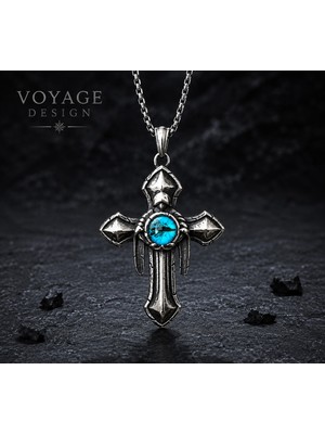 Voyage Accessory Paslanmaz Çelik Mavi Cam Göz Detaylı Gotik Haç Kolye