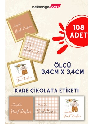 Netsango Erkek Bebek Kahve Bej Krem Isme Özel 3.4cm Kare Çikolata Etiketi 108 Adet