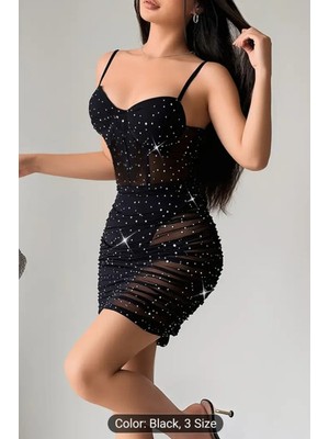 paris store Göğüs Kısmı Astarlı Özel Esnek Taşlı Elbise