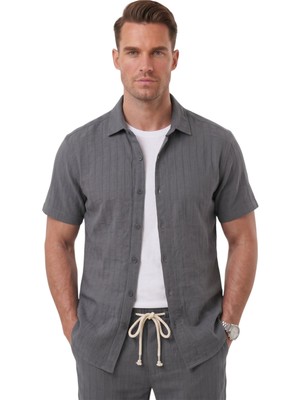 Rizzup Füme Slim Fit Çizgi Dokulu Keten Görünümlü Kısa Kol Erkek Spor Gömlek 2602648
