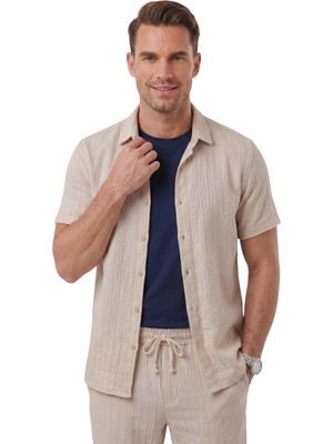 Rizzup Bej Slim Fit Çizgi Dokulu Keten Görünümlü Kısa Kol Erkek Spor Gömlek 2602648
