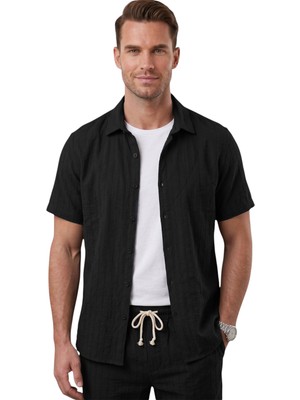 Deepsea Siyah Slim Fit Çizgi Dokulu Keten Görünümlü Kısa Kol Erkek Spor Gömlek 2602648