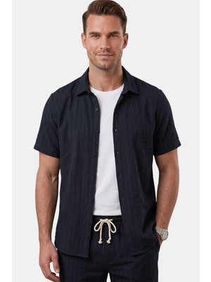 Deepsea Lacivert Slim Fit Çizgi Dokulu Keten Görünümlü Kısa Kol Erkek Spor Gömlek 2602648