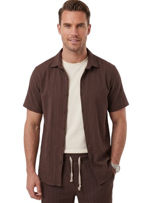 Deepsea Kahve Slim Fit Çizgi Dokulu Keten Görünümlü Kısa Kol Erkek Spor Gömlek 2602648