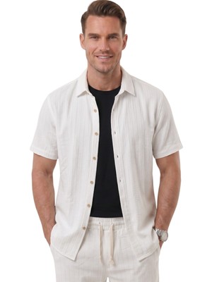 Deepsea Beyaz Slim Fit Çizgi Dokulu Keten Görünümlü Kısa Kol Erkek Spor Gömlek 2602648