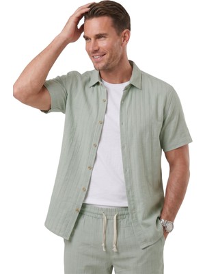 Deepsea Yeşil Slim Fit Çizgi Dokulu Keten Görünümlü Kısa Kol Erkek Spor Gömlek 2602648