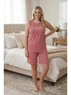 Temporium Kadın Milan Kumaş Büyük Beden Curve Baskılı Desenli Şortlu Pijama Takımı