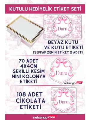 Netsango Pembe Fiyonk ve Fil Desen Çikolata Etiketi, Kolonya Etiketi Kutu Etiketi ve Kutu Seti