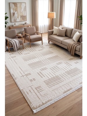 Veja Home Vista Modern Geometrik Çizgili Krem Bej Salon Mutfak Yolluk Halı