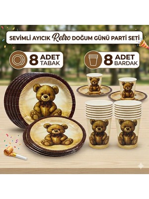 Çavuş E-Ticaret Sevimli Ayı Retro Temalı Doğum Günü Parti Seti Sevimli Ayıcık 8 Kişilik Tabak Bardak Seti