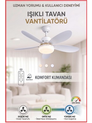 İlhay Ayarlanabilir Sessiz Çalışma 5 Fan Kanat ve Işıklı Uzaktan Kumandalı Düşük Enerji Tüketimi Tavan Tipi Vantilatör