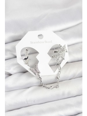 Fırsatkolik Pirinç Gümüş Renk Kelebek Model Zincir Bağlantılı Ear Cuff Küpe Seti