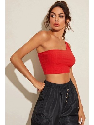 MiraLive Kadın Kırmızı Fit Görünümlü Tek Omuz Crop Top Büstiyer