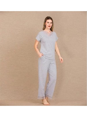 Closet Viskon Şık Tasarım Dantel Işlemeli Gri Kısa Kol Pijama Takımı
