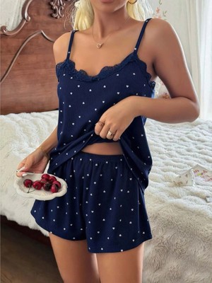 MiraLive Kadın Dantel Işlemeli Zarif Lacivert Şortlu Pijama Takımı Özel Tasarım