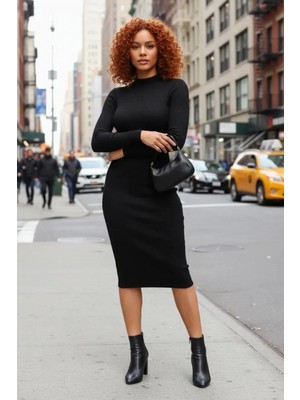 MiraLive Kadın Siyah Kaşkorse Balıkçı Yaka Uzun Kollu Bodycon Mini Elbise Premium Şık Stil