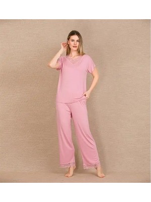 Mor AVM Closet Viskon Şık Tasarım Dantel Işlemeli Pembe Kısa Kol Pijama Takımı
