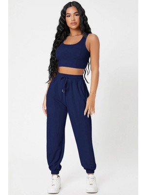 MiraLive Marsilyan- Kadın Lacivert Kaşkorse Cepli Jogger Eşofman Altı ve Crop Top Bluz
