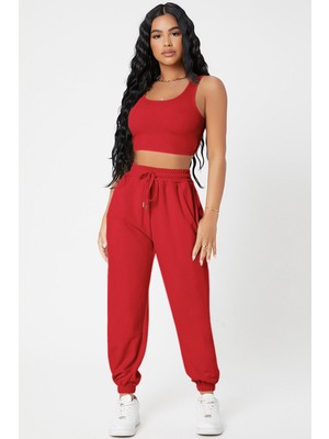 Kadın Kırmızı Kaşkorse Cepli Jogger Eşofman Altı ve Crop Top Bluz