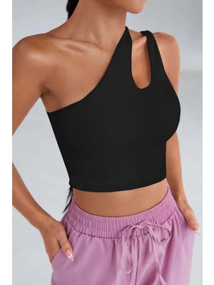 Kadın Siyah Tek Omuz Cut Out Detaylı Crop Top Bluz