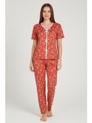 Kadın Turuncu Kalp Desenli Fiyonklu Kısa Kollu Uzun Pijama Takımı