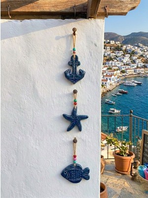 Fi Hediyelik Bodrum Mavisi Seramik Duvar Balkon Bahçe Teras Süsü Seti 3'lü Ege Temalı Çapa Deniz Yıldızı Balık Ev Dekorasyonu