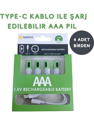 Kuzgun Ticaret USB Type-C ile Şarjolabilen 4 Adet Aaa 1.5V Lityum Şarjlı Kalem Pil 750 Mah Uzun Ömürlü ( Lisinya )