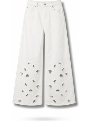 5in1Canpolat Ekru Çiçek Işlemeli Wide Leg Jean 8272