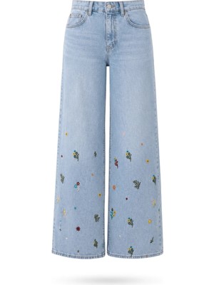 5in1Canpolat Açık Mavi Nakış Işlemeli Wide Leg Jean 1031