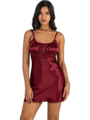 Bordo Kısa Saten Gecelik 8208