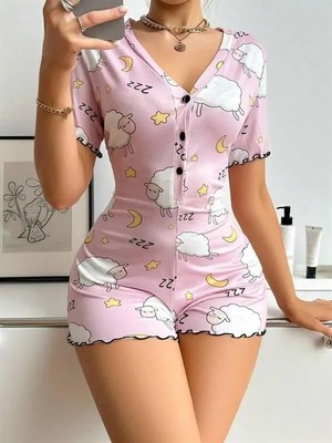 Pamuklu Pembe Kuzu Desenli Düğmeli Uzun Kol Tulum Pijama