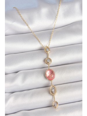 Alkasaz Pirinç Zincir Pembe Gold Renk Zirkon Taşlı Y Kolye