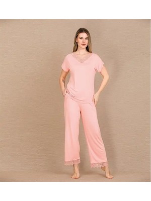 Mor AVM Closet Viskon Şık Tasarım Dantel Işlemeli Açık Pembe Kısa Kol Pijama Takımı