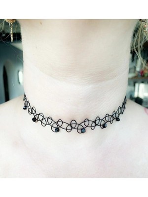 Siyah Kristal Taşlı Choker Tattoo Tasma Kolye