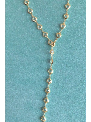 Volenta Shop Gold Renk Beyaz Taşlı Kalpli Y Kolye Dekolte Kolye 60 cm