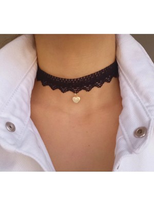 Dantel Siyah Gotik Kalpli Choker Kolye