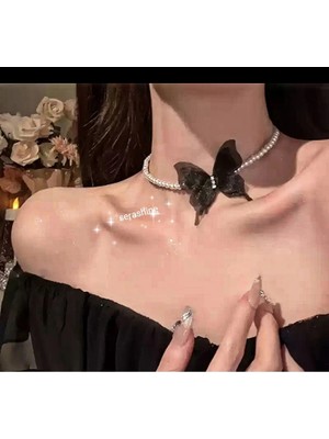 Incili Siyah Kelebek Vintage Y2K Choker Kolye
