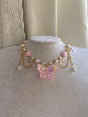 Pink & Gold Butterfly Y2K Fairycore Coquette Tasarım Kolye
