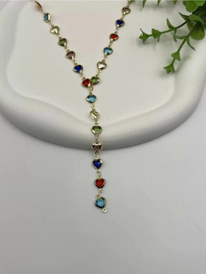 Renkli Kristal Taşlı Y Kolye 60CM (Kalp)