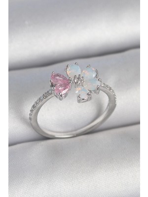 MiraLive Pirinç Gümüş Renk Beyaz Mineli Pembe Zirkon Taşlı Çiçek Model Kadın Yüzük - TJ-BYK3708