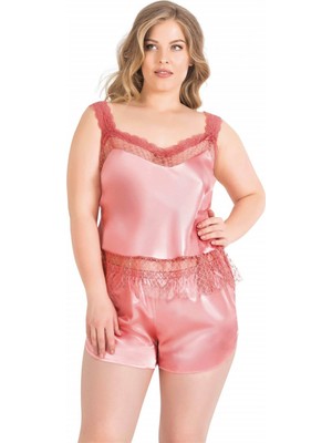 MiraLive Marsilyan- Büyük Beden Mercan Saten Babydoll Şort Takımı