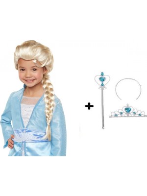 MiraLive Örgülü Karlar Ülkesi Frozen Elsa Peruğu Tacı ve Sopası Çocuk Boy (4887)