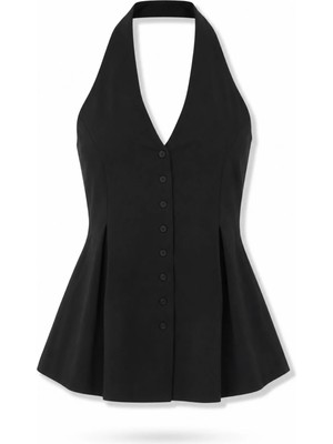 5in1Canpolat Siyah Halter Yaka Peplum Yelek 17611
